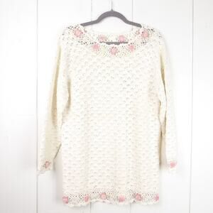 Shenanigans Sweater Womens SZ S Handmade Open Knit Floral Oversize Cottagecore